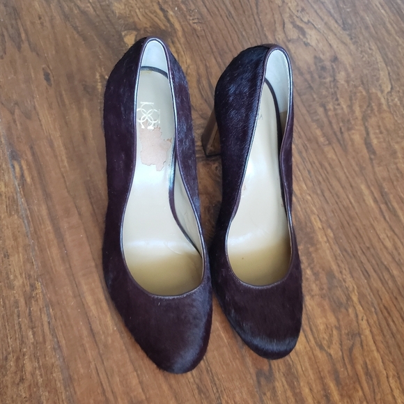 Ann Taylor Sz 8.5 Gold Heel Died Shearling Cow Hair Pumps brown Purple block - Picture 10 of 15